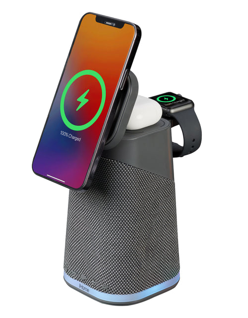 Load image into Gallery viewer, IBT70 Triple Wireless Charging Stand with Bluetooth Speaker
