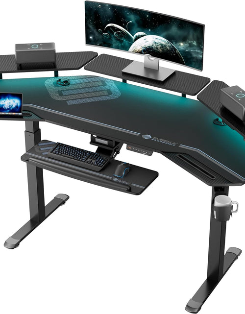 Load image into Gallery viewer, Gaming Desk, Standing Desk Keyboard Tray, 72&quot; Wing Shaped Music Studio Desk Electric Adjustable Height Desk Sit Stand Desk with LED Shelves, Gaming Recording Live Stream, Slot Design
