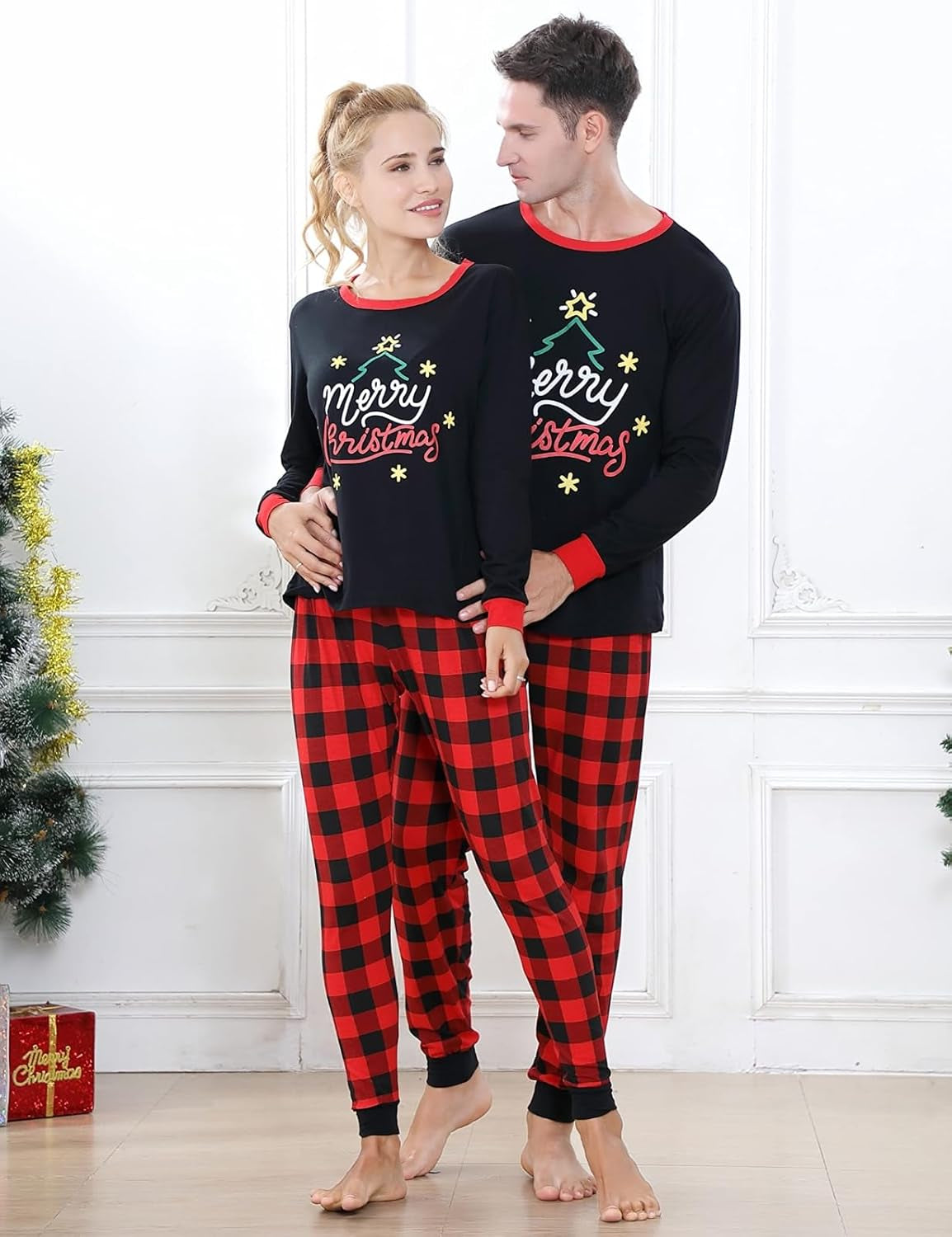 Christmas Family Pajamas Matching Sets, Classic Plaid Xmas Sleepwear for Family Mens Womens